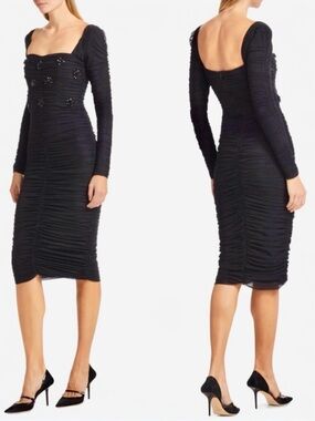 PatBO Beaded Ruched Stretch Tulle Sweetheart Neckline Long Sleeve Midi Dress NEW